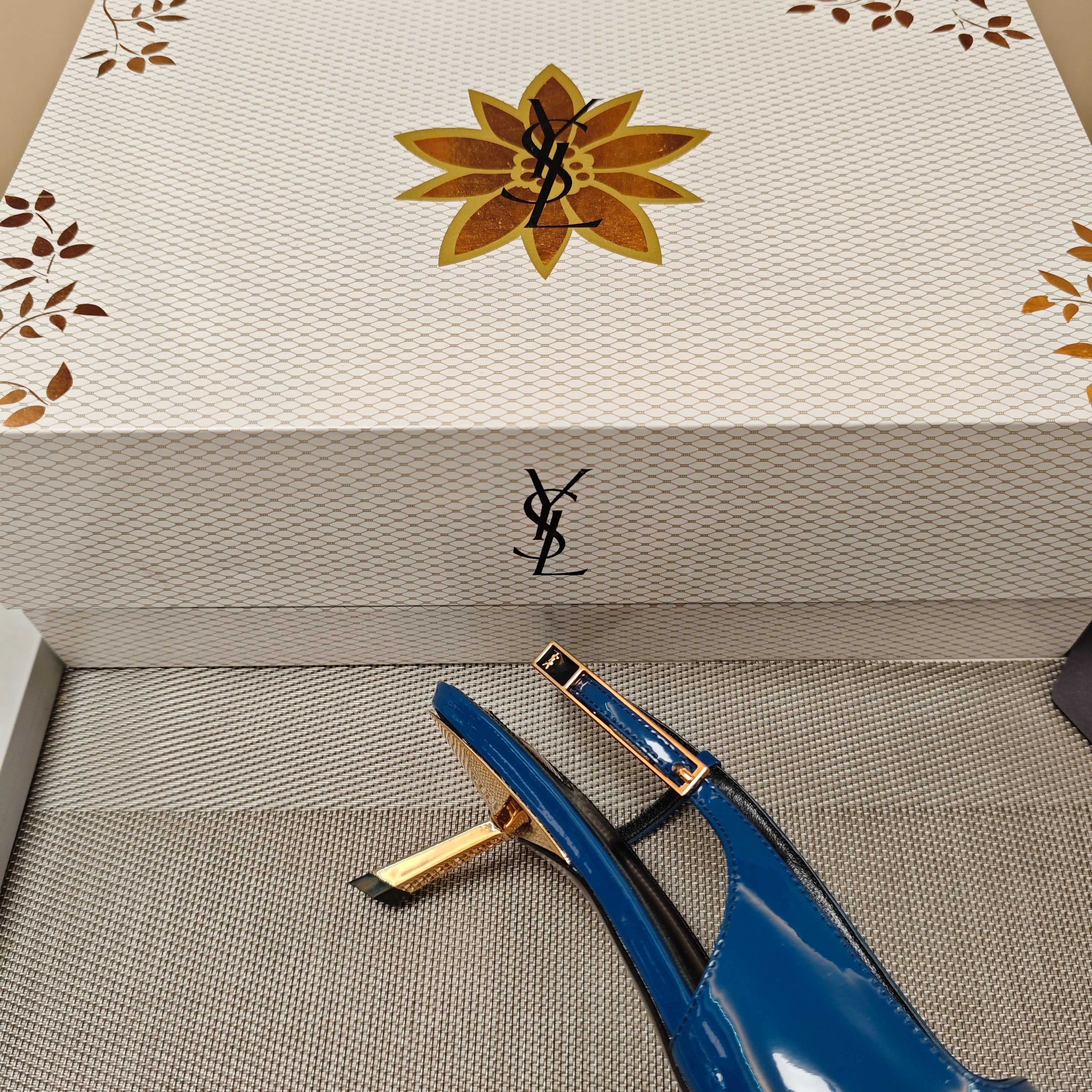 YSL Babylone Slingback 5.5cm Dark Blue Glossy Leather