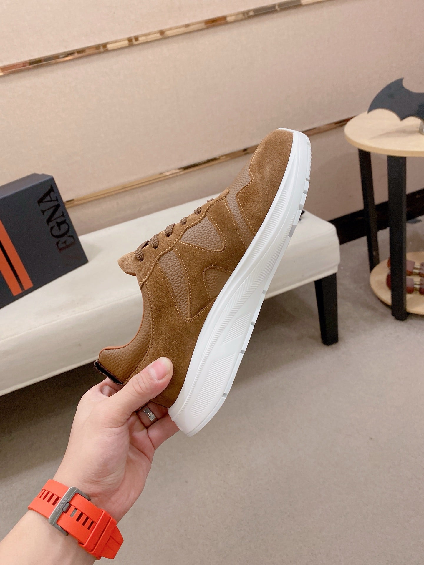 Zegna Men's Ermenegildo Sneakers Brown Suede Grain Leather