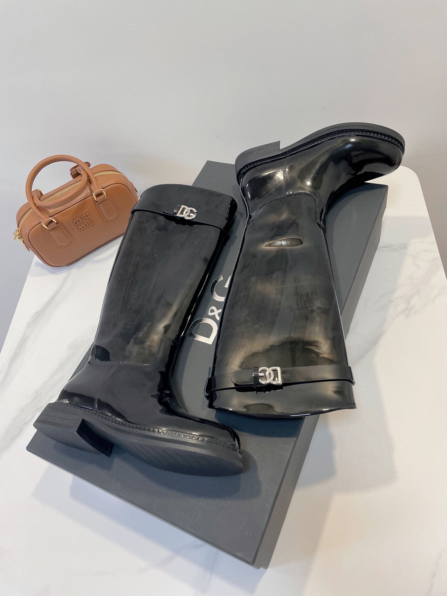 DC 24 Knee-High Boots Black Cowhide Patent & Nubuck 982194
