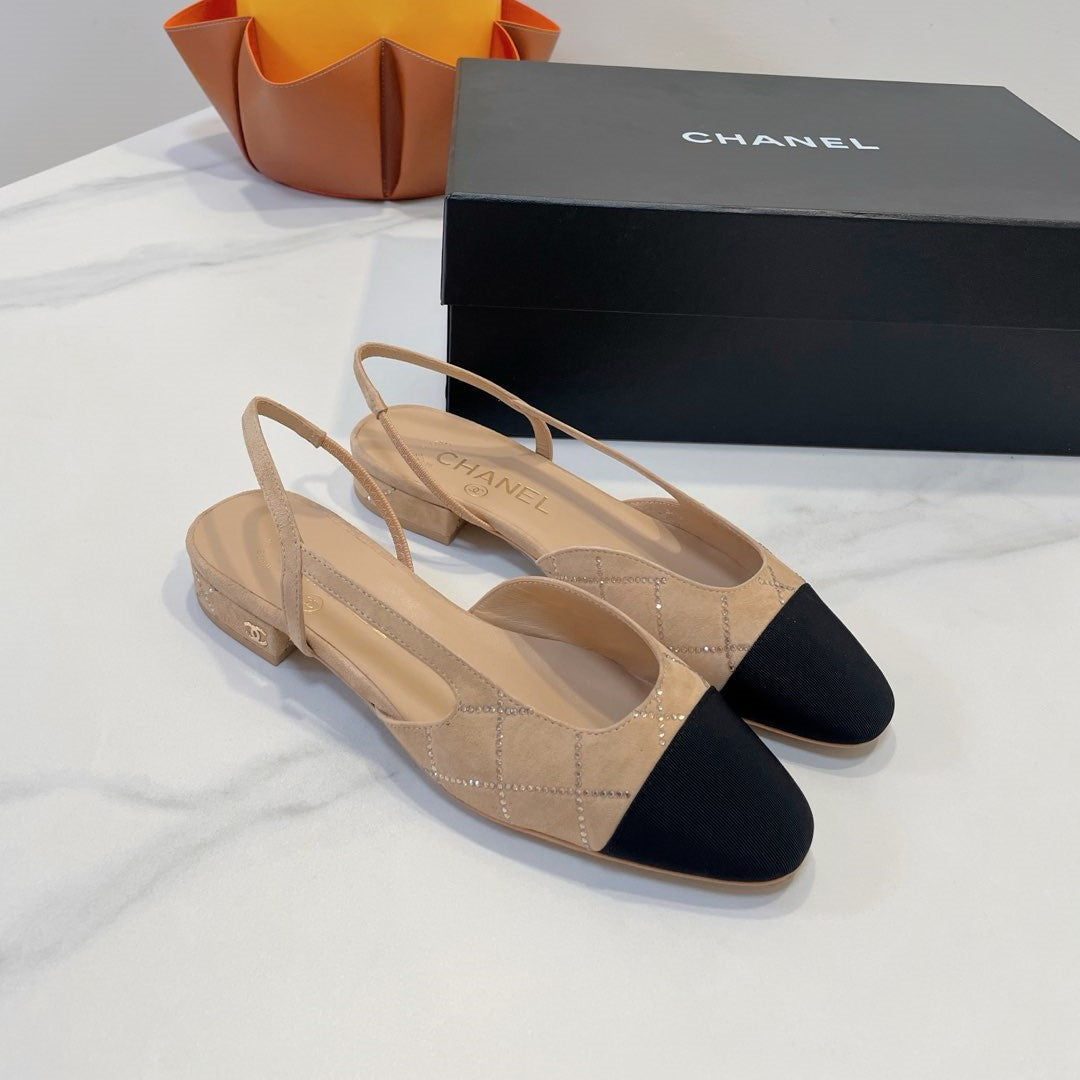 CC 26s Quilted Two-Tone Slingbacks Black Beige Suede Fabric 941699