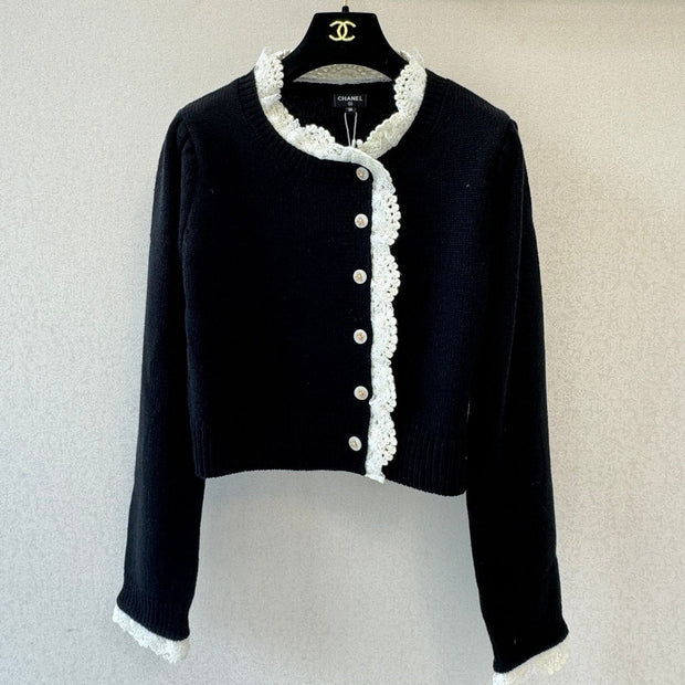 Chanel 2026 Lace-trimmed Cardigan Black Mix White Wool 424721