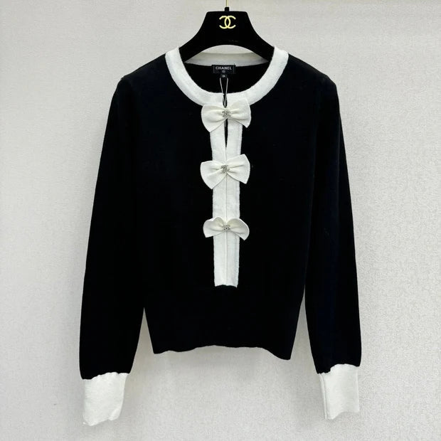Chanel 2026 Bow Long-sleeved Sweater Black White Wool 424714