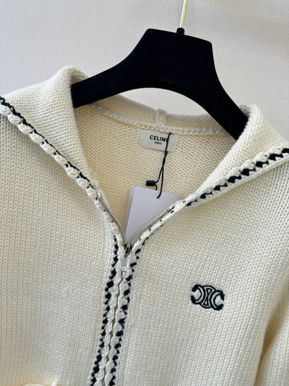 Celine 26s Hooded Knit Cardigan Off White Wool Triomphe Logo 441885