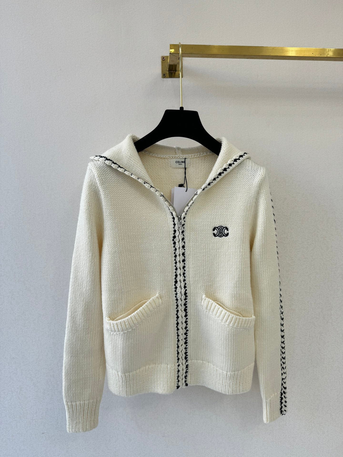 Celine 26s Hooded Knit Cardigan Off White Wool Triomphe Logo 441885