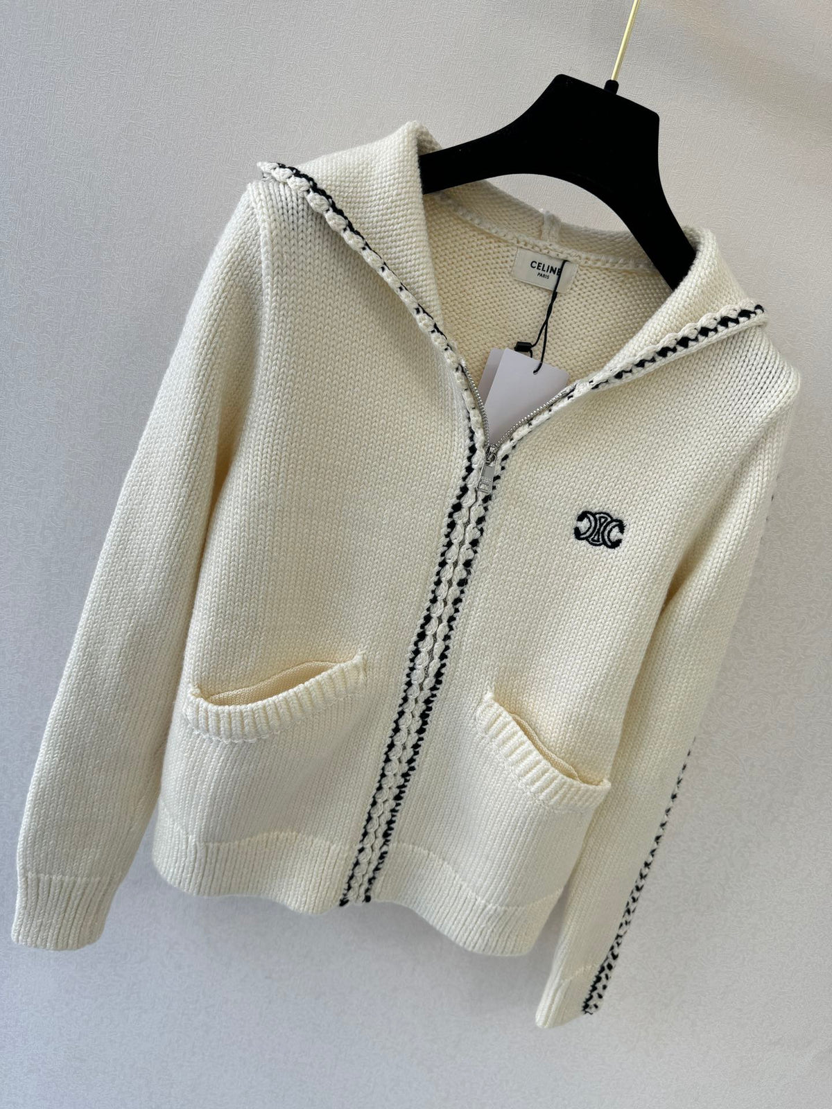 Celine 26s Hooded Knit Cardigan Off White Wool Triomphe Logo 441885