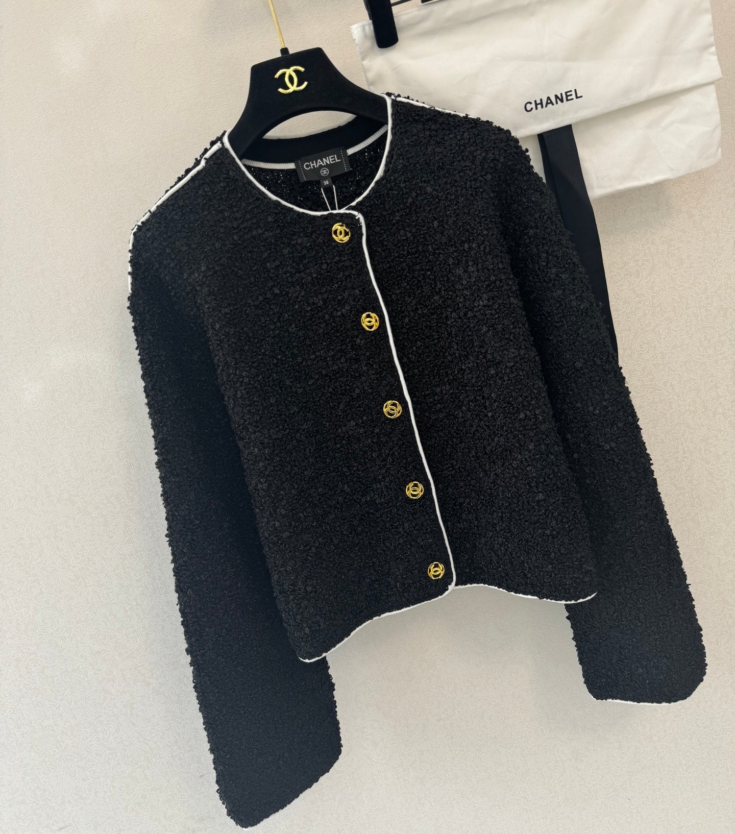 CC 26s Neck Long Sleeved Cardigan Black Tweed 364286