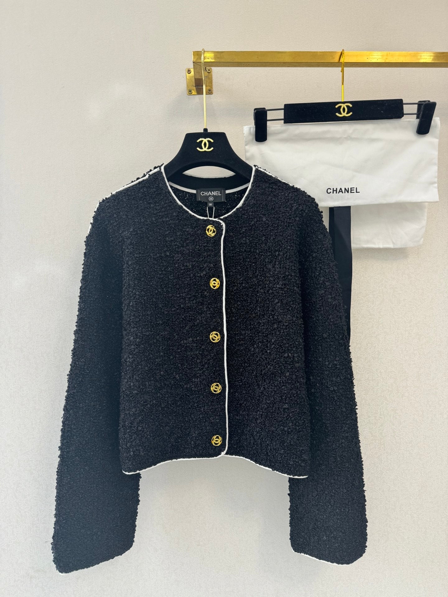 CC 26s Neck Long Sleeved Cardigan Black Tweed 364286