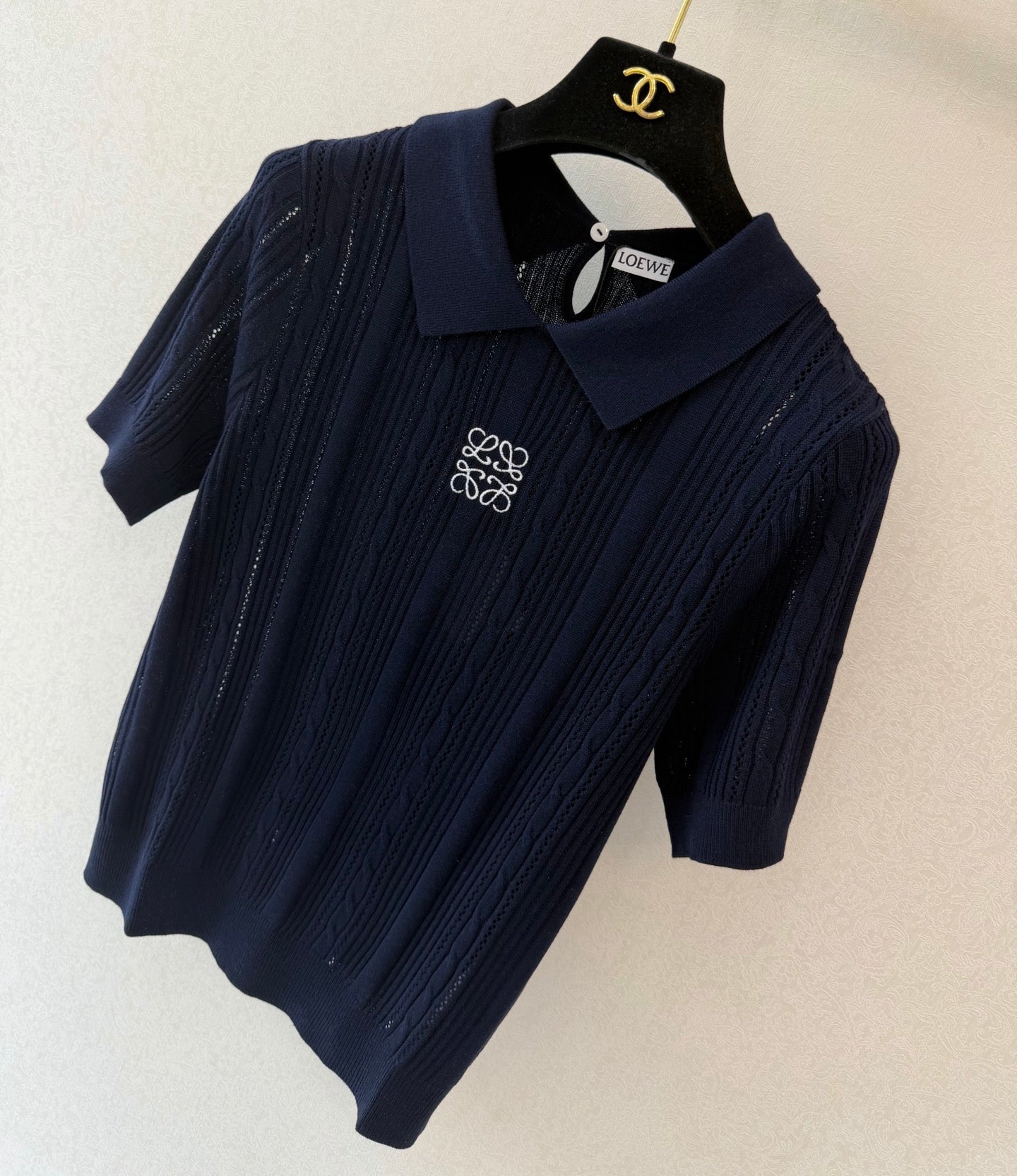 Loewe Collared Short-Sleeved Shirt Navy Blue Wool 394839
