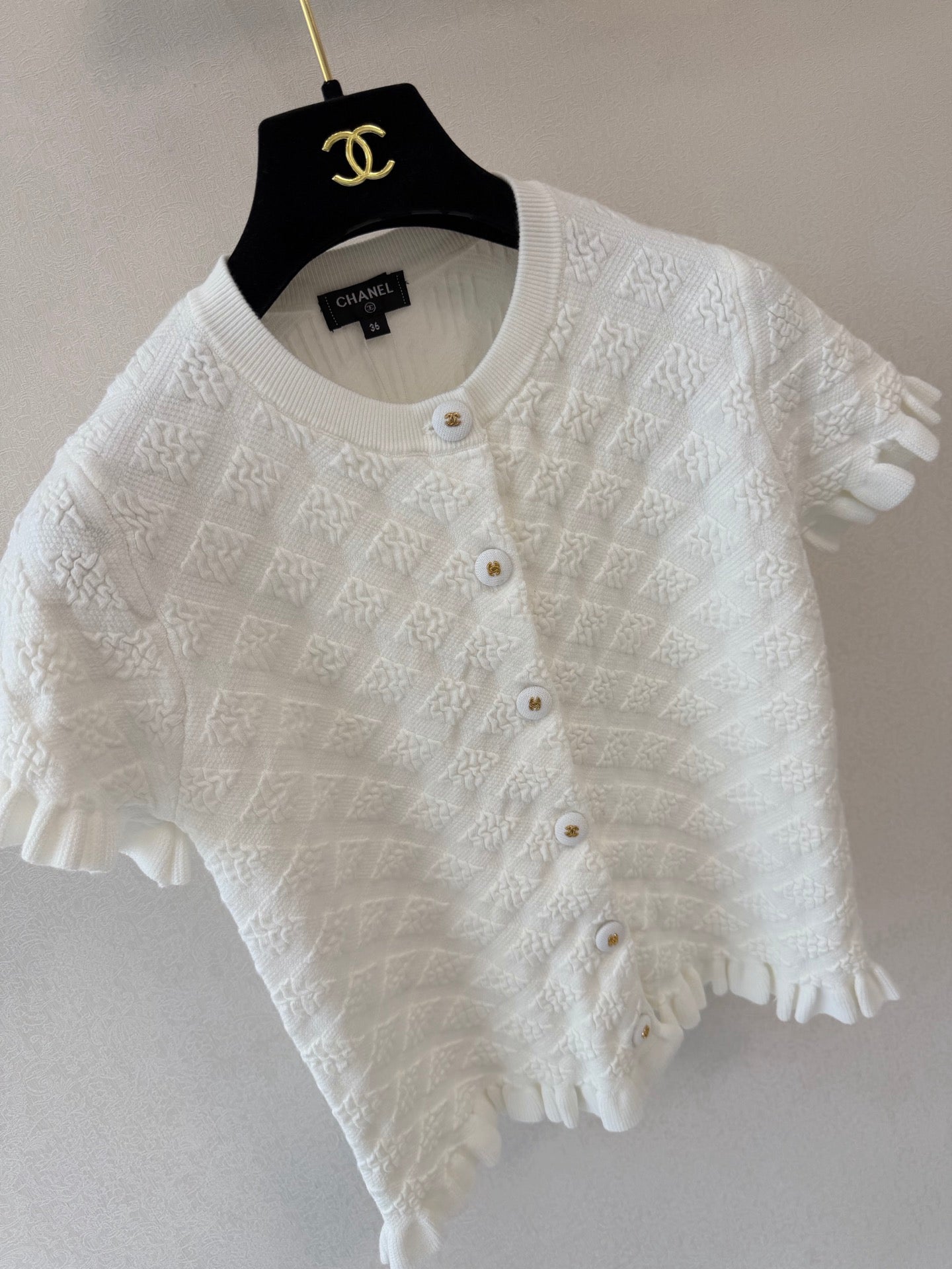 CC Crew Neck Short-Sleeved Cardigan White Cotton Silk 394834