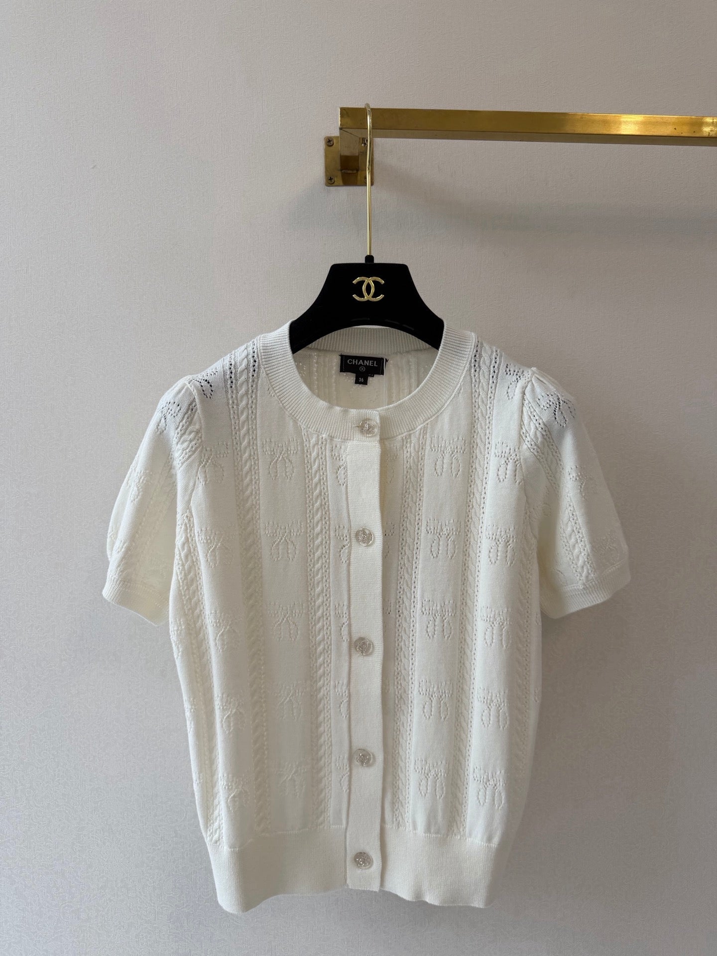 CC Crew Neck Short-Sleeved Cardigan White Cotton Silk 394825