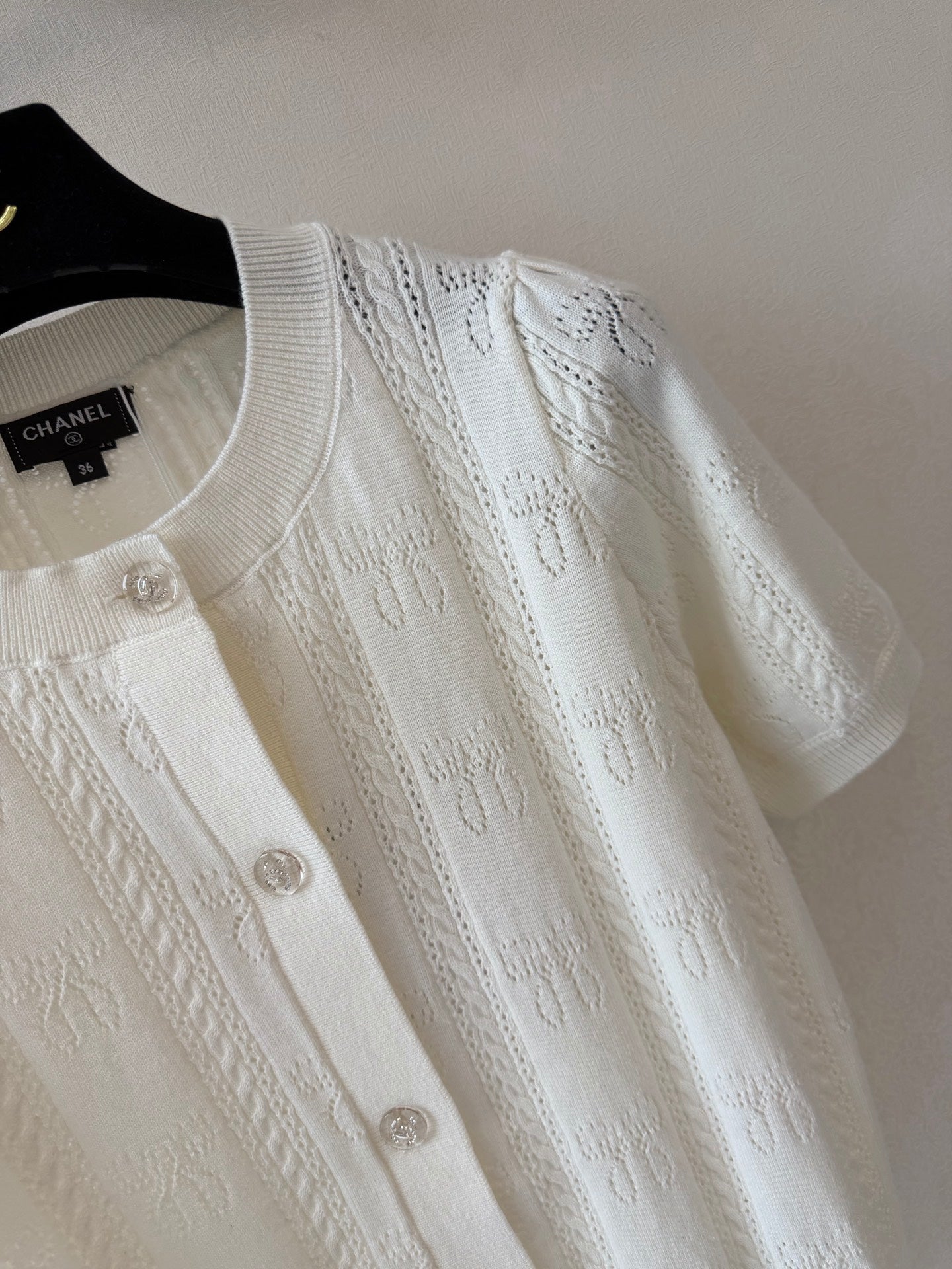 CC Crew Neck Short-Sleeved Cardigan White Cotton Silk 394825