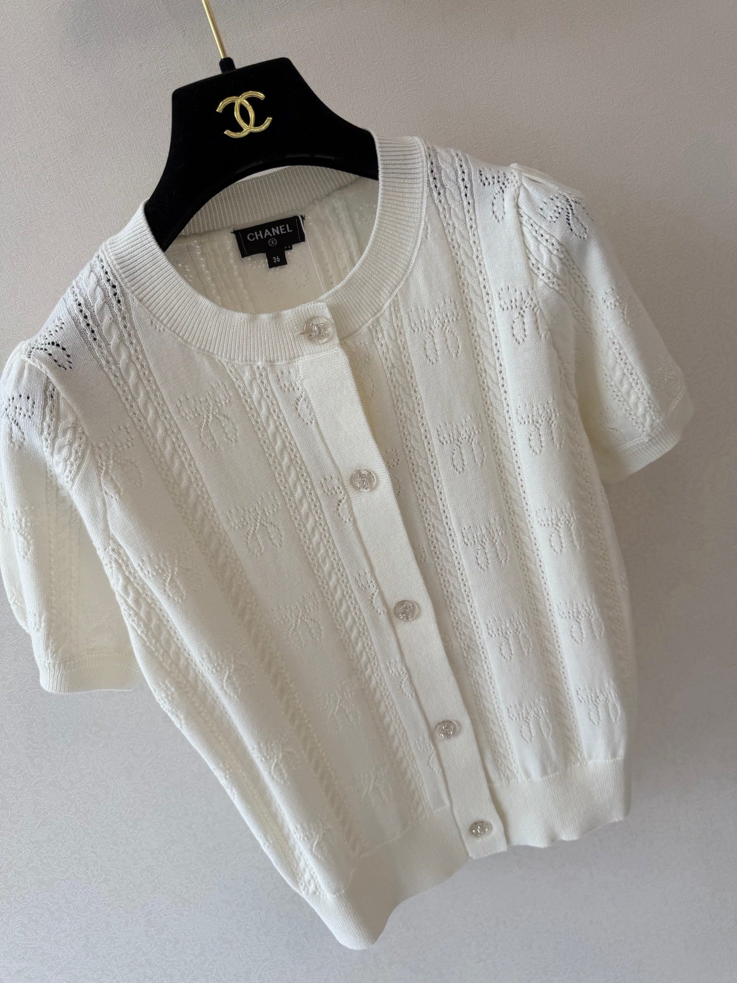 CC Crew Neck Short-Sleeved Cardigan White Cotton Silk 394825