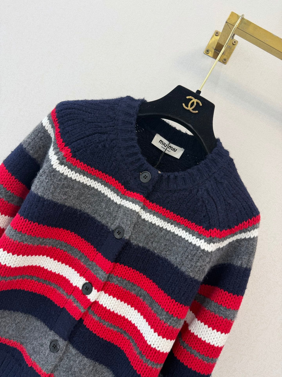Miu Miu 26s Striped Knit Cardigan Navy Blue Alpaca Silk Wool 451041