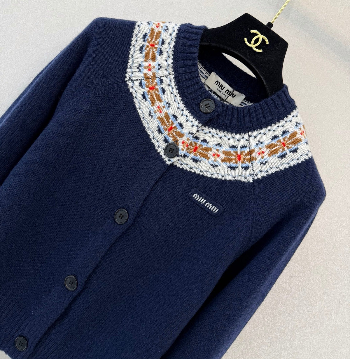 Miu Miu 26s Fair Isle Knit Cardigan Navy Blue Virgin Wool 451043