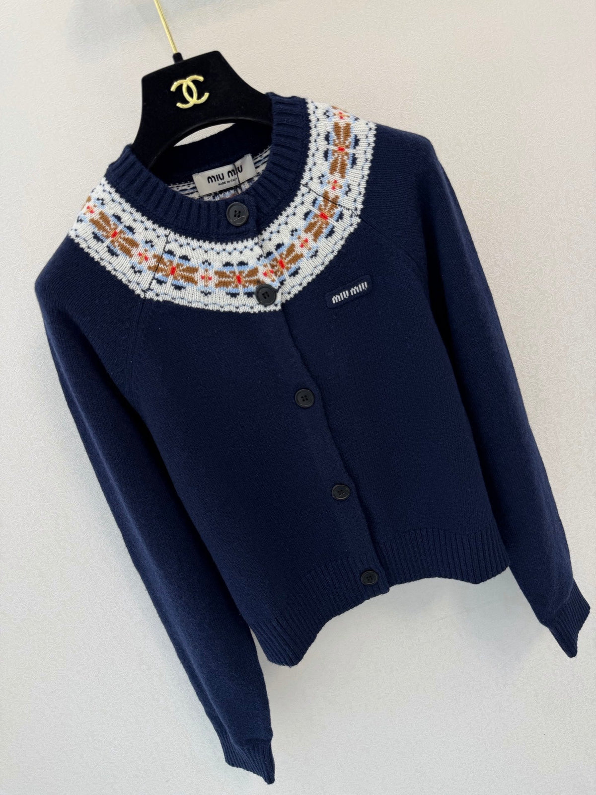 Miu Miu 26s Fair Isle Knit Cardigan Navy Blue Virgin Wool 451043