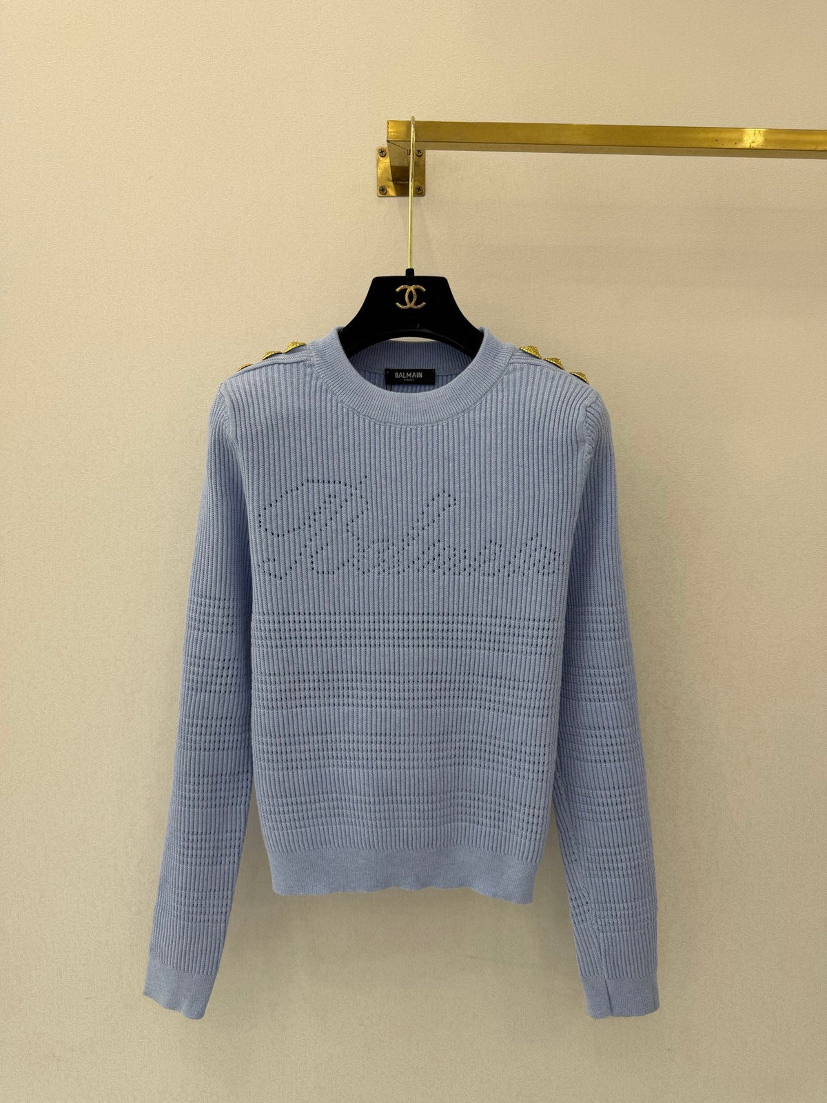 Balmain 26s Signature Ribbed Knit Sweater Light Blue 451025