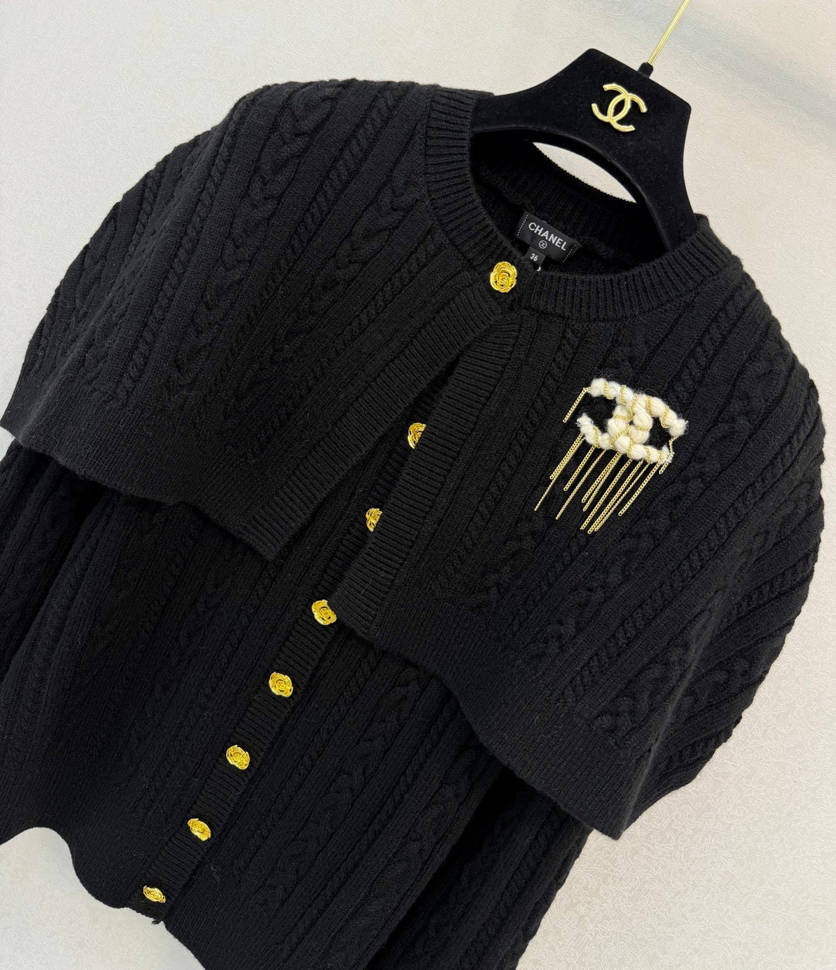 Chanel 26s Cape Detail Cable Knit Cardigan Black 450975