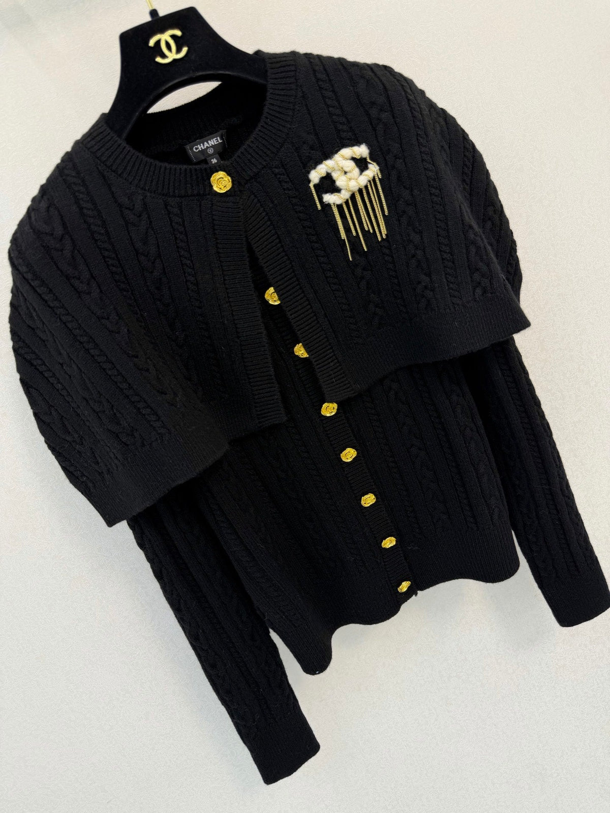 Chanel 26s Cape Detail Cable Knit Cardigan Black 450975