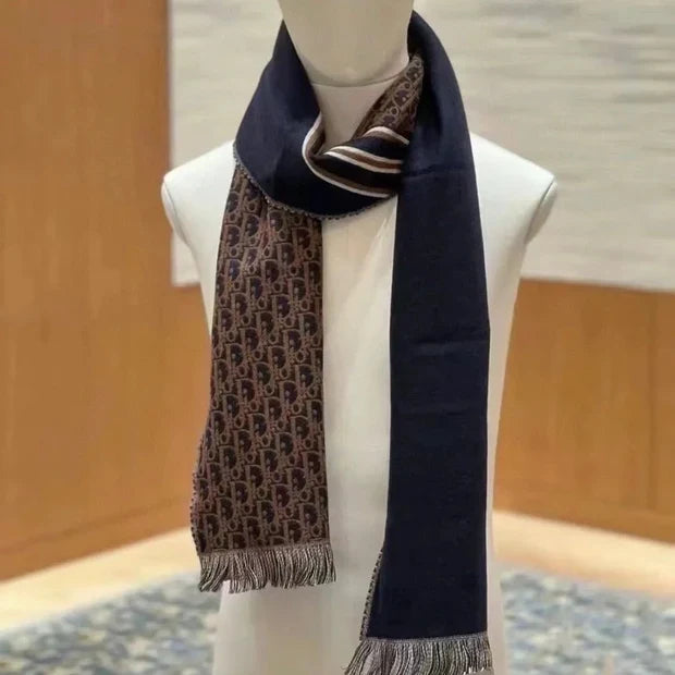 Dior 2026 Oblique Scarf 200cm Brown Mix Navy Blue Wool 199289