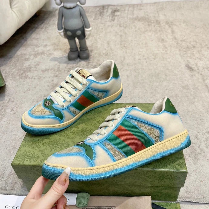 GG 26ss Screener Sneaker Beige Blue Green Cowhide 697181
