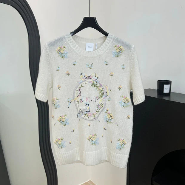 Dior 2026 Floral Embroidered Knit Short-sleeved Top Off-white Wool 138360