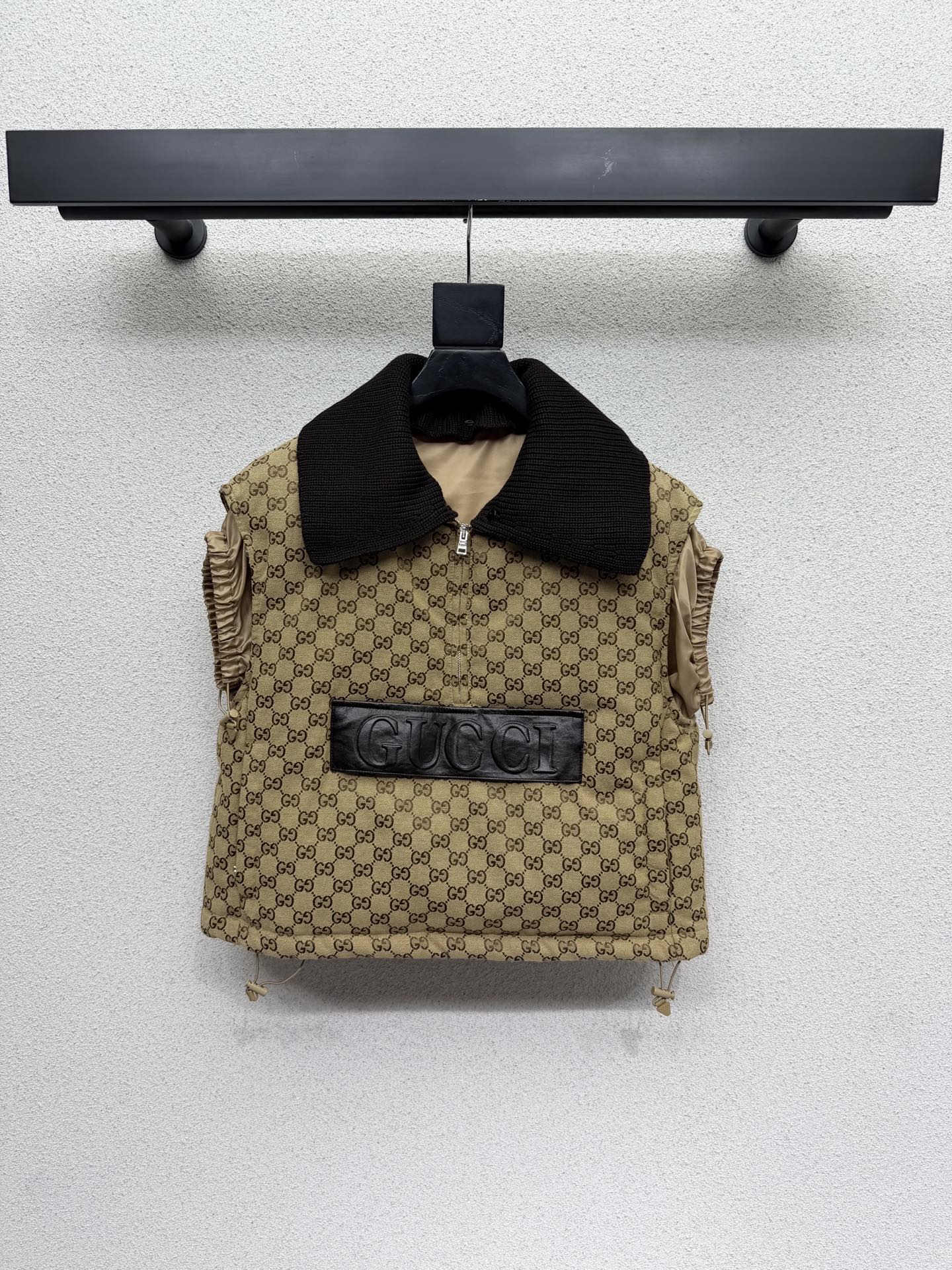 GG Gilet With Leather Label Beige Brown Fabric 343391
