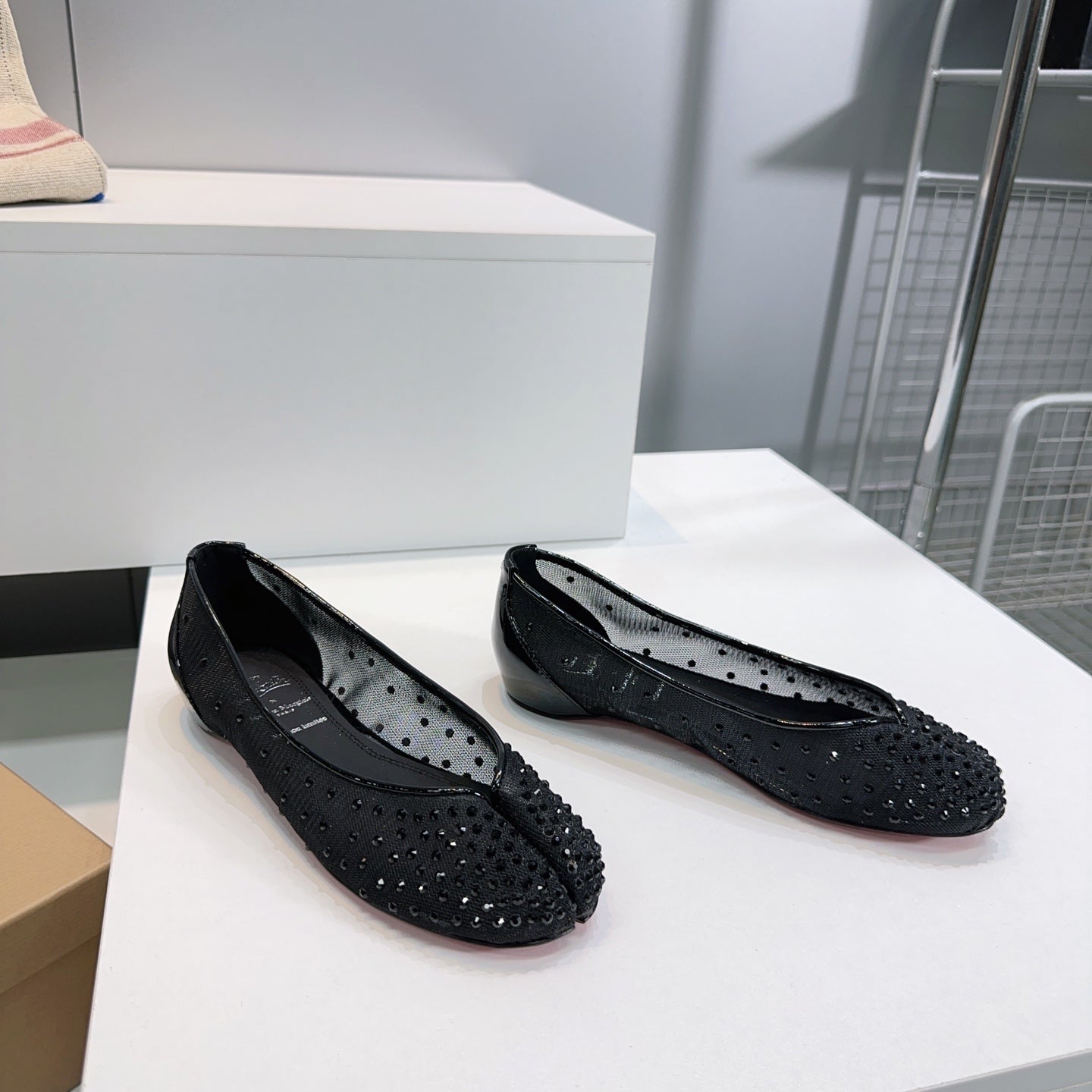 CL x Maison Margiela Ballerina Flats Black Mesh Sliver Leather 639690