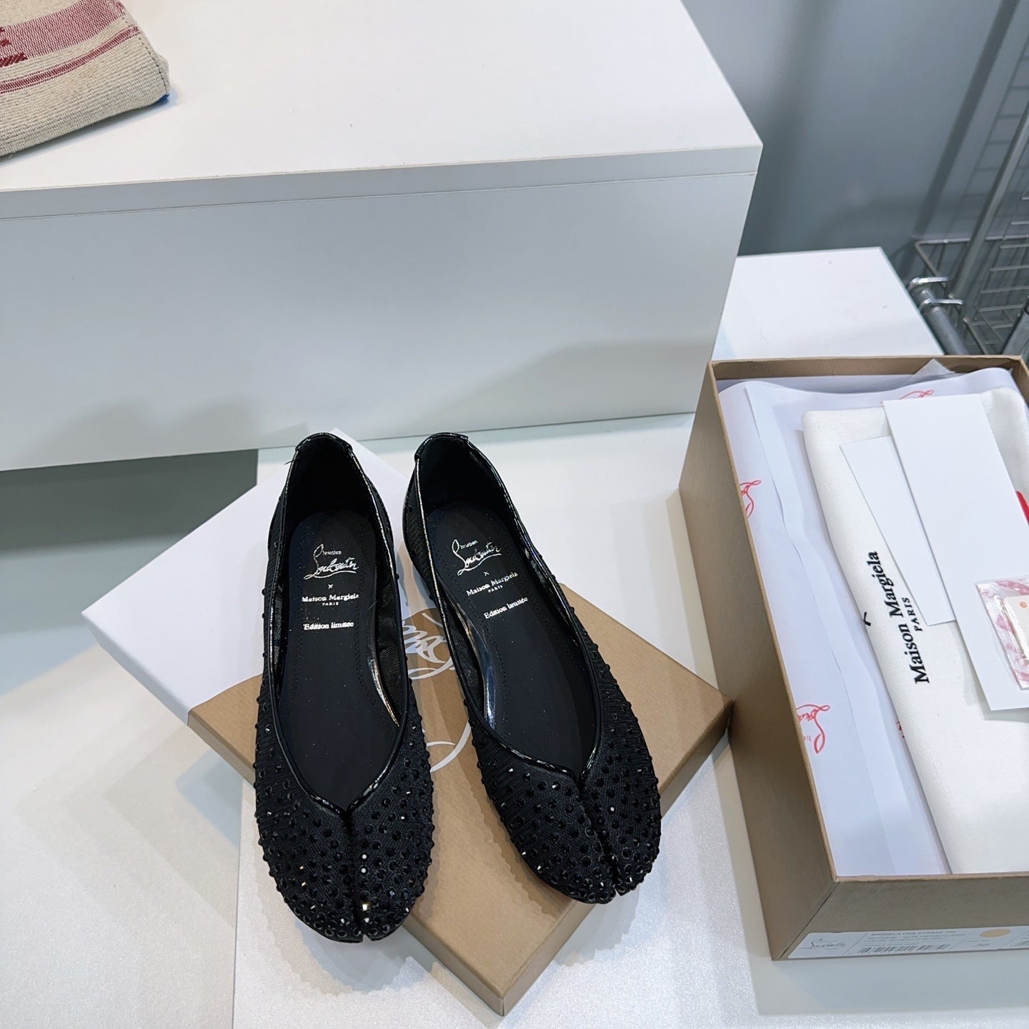 CL x Maison Margiela Ballerina Flats Black Mesh Sliver Leather 639690