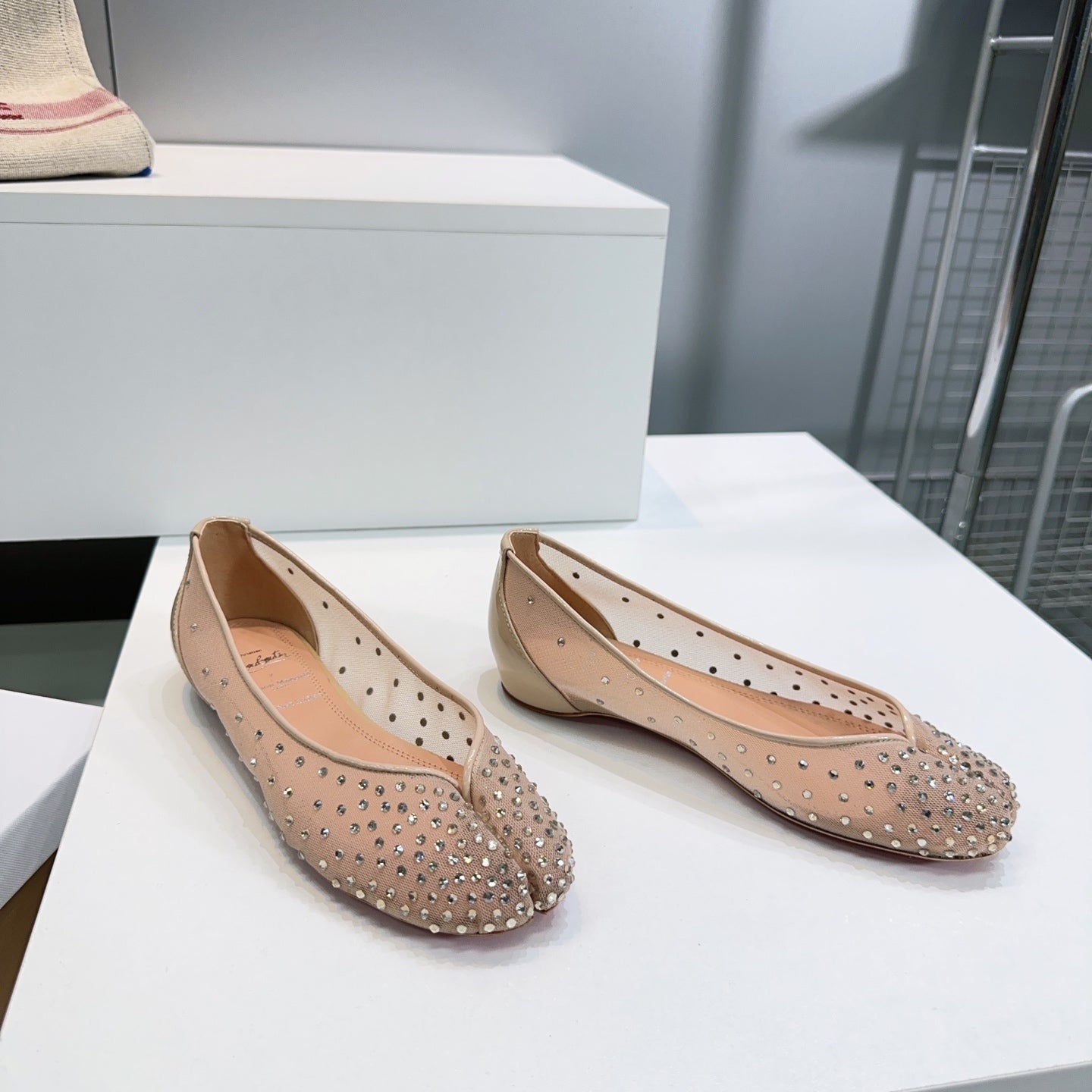 CL x Maison Margiela Ballerina Flats Beige Mesh Sliver Leather 639691