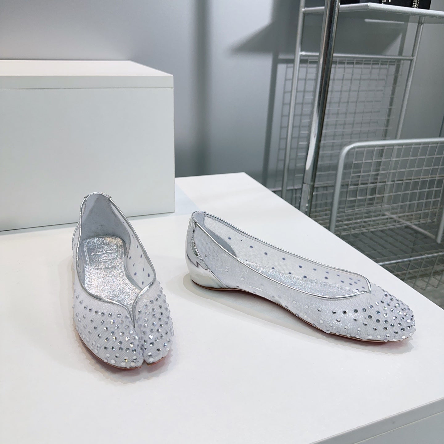 CL x Maison Margiela Ballerina Flats White Mesh Sliver Leather