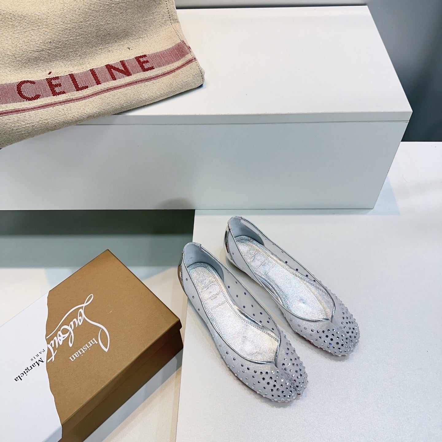 CL x Maison Margiela Ballerina Flats White Mesh Sliver Leather