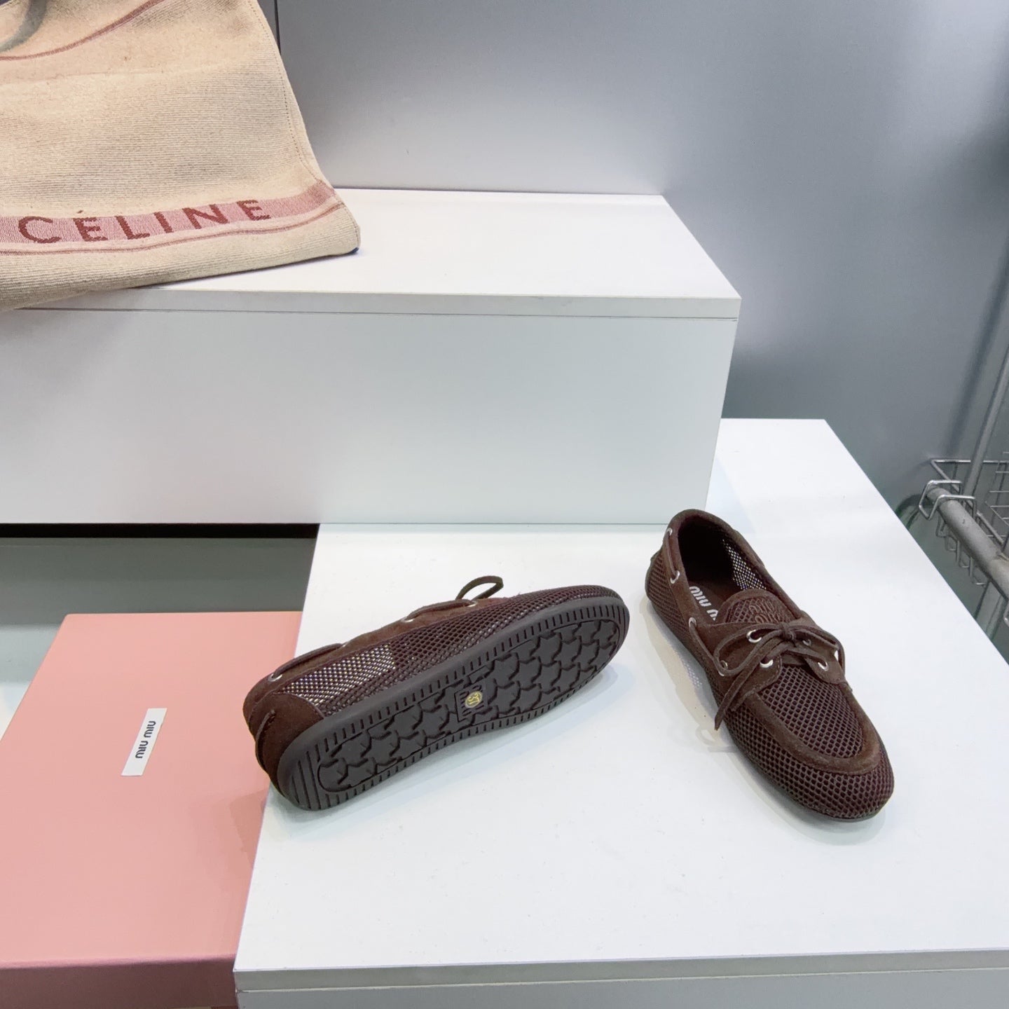 Miumiu 26s Boat Shoes In Dark Brown Mesh And Suede