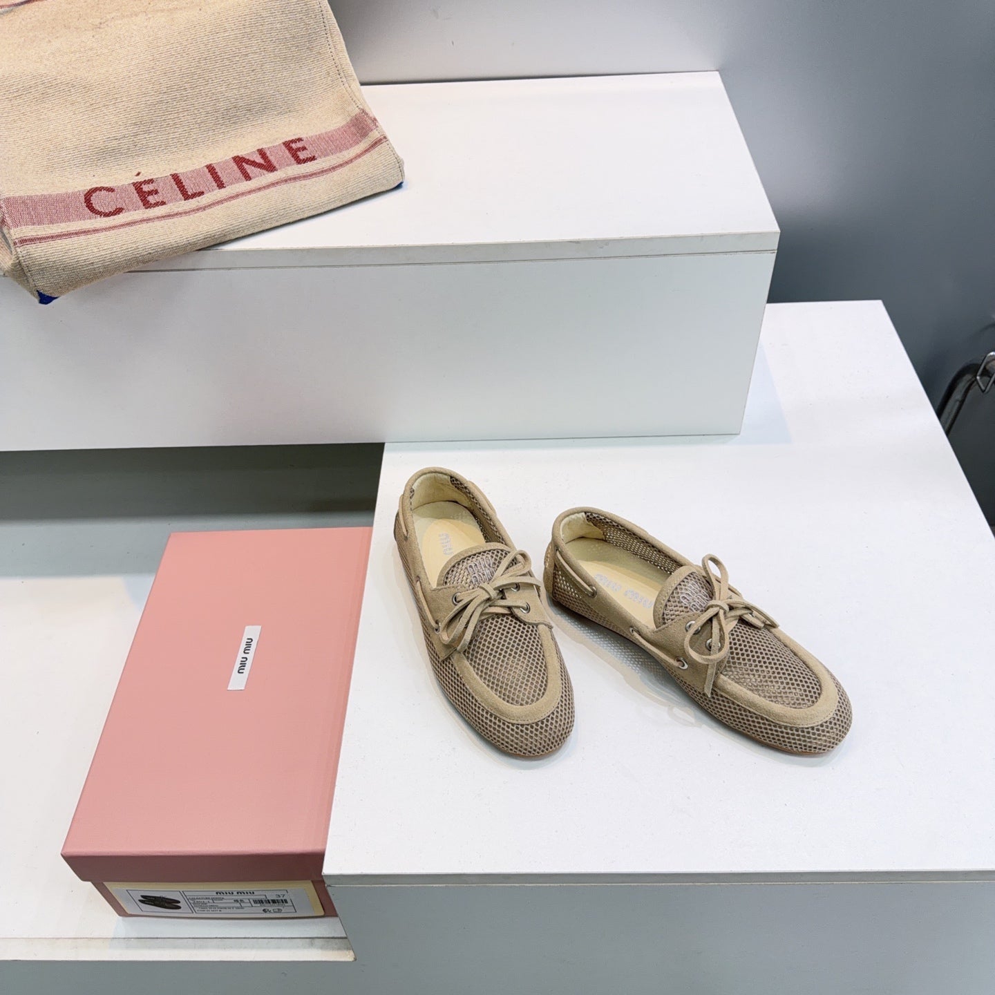 Miumiu 26s Boat Shoes In Brown Mesh And Suede