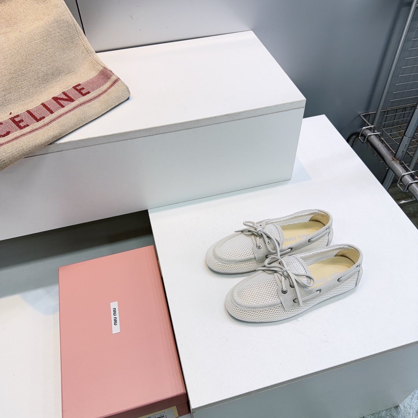 Miumiu 26s Boat Shoes In White Mesh And Light Grey Suede