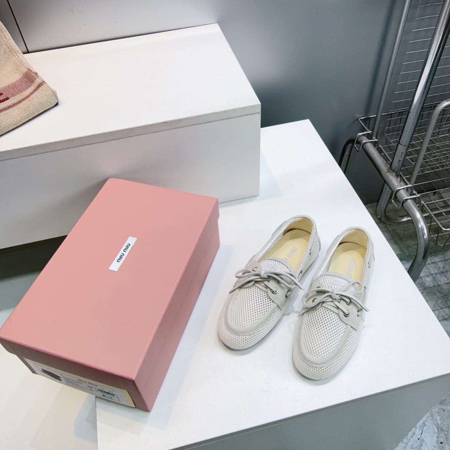 Miumiu 26s Boat Shoes In White Mesh And Light Grey Suede
