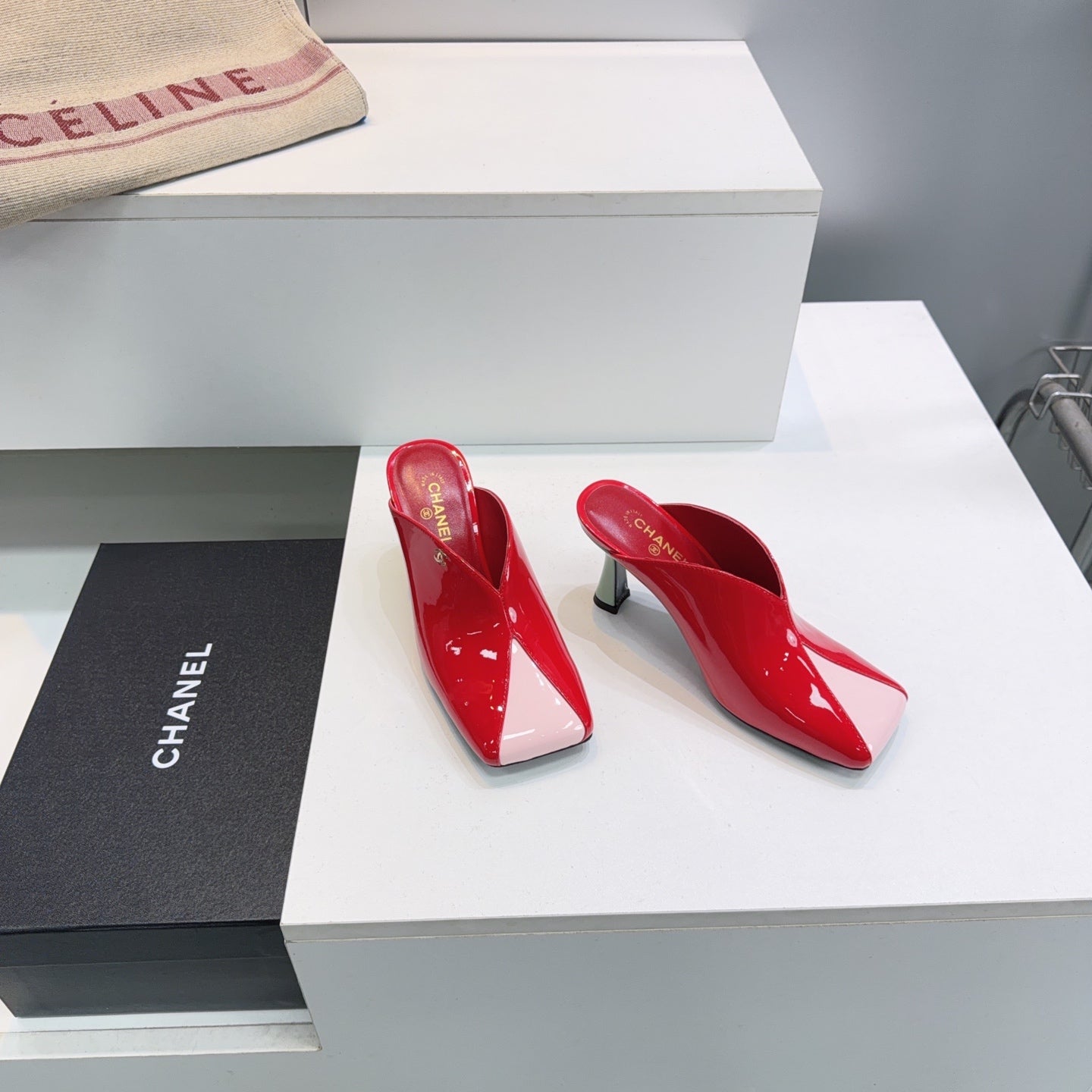CC Fall 2026 Square Toe High-Heeled Sandals 7cm Red Pink Patent Leather