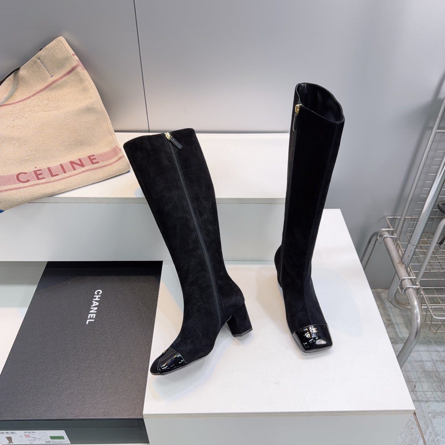 CC 26s Cap-Toe Knee-High Boots 4.5cm Black Stretch Suede 966839