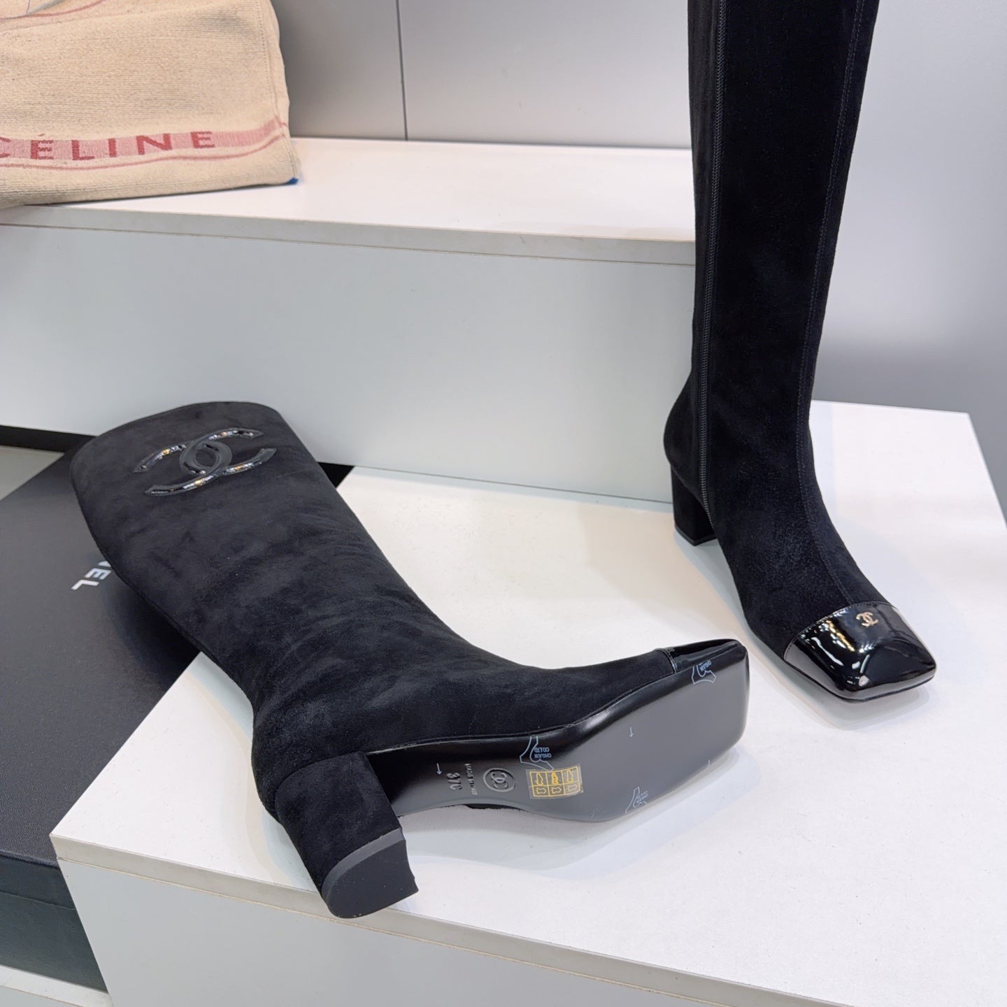 CC 26s Cap-Toe Knee-High Boots 4.5cm Black Stretch Suede 966839