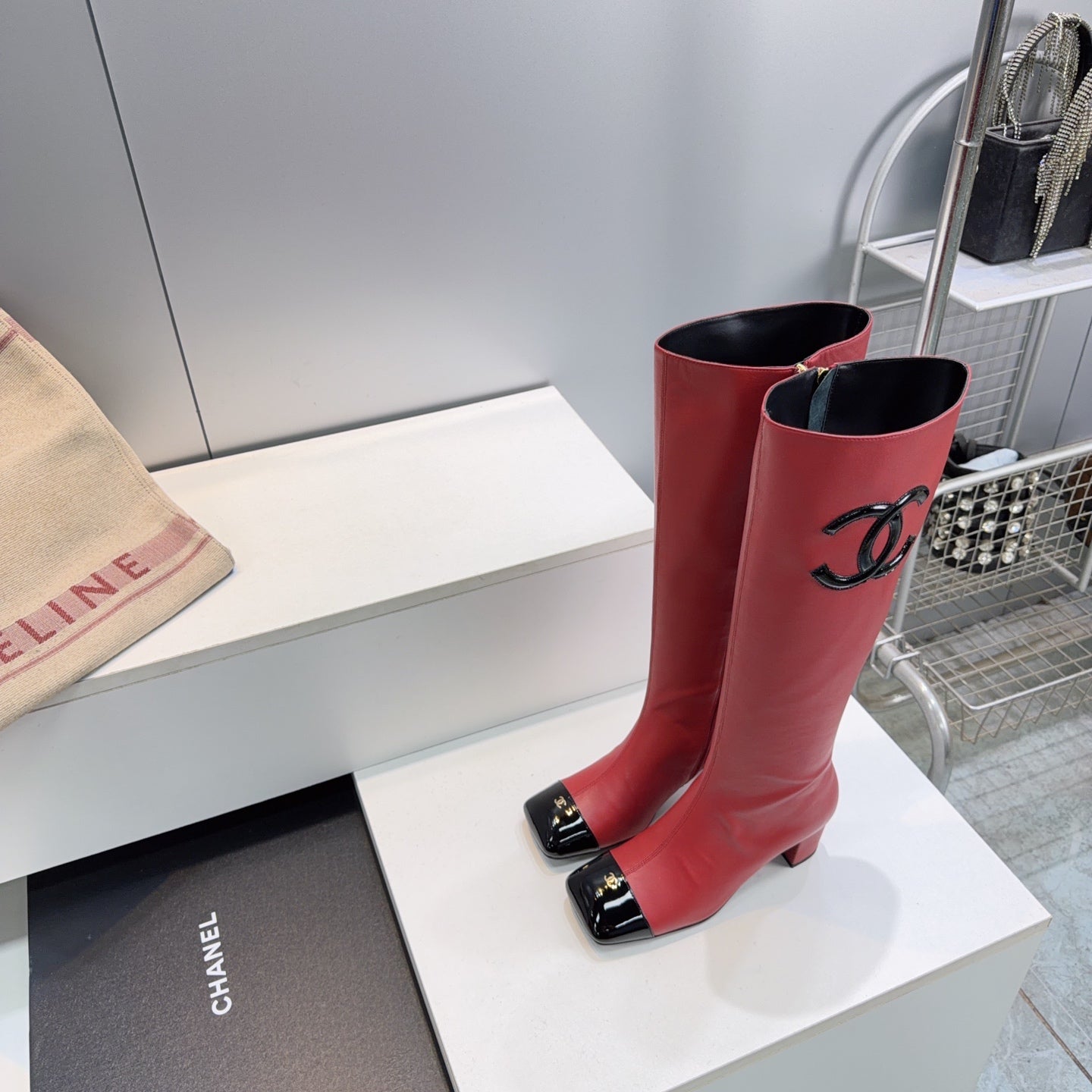 CC 26s Cap-Toe Knee-High Boots 4.5cm Red Stretch Lambskin 966841