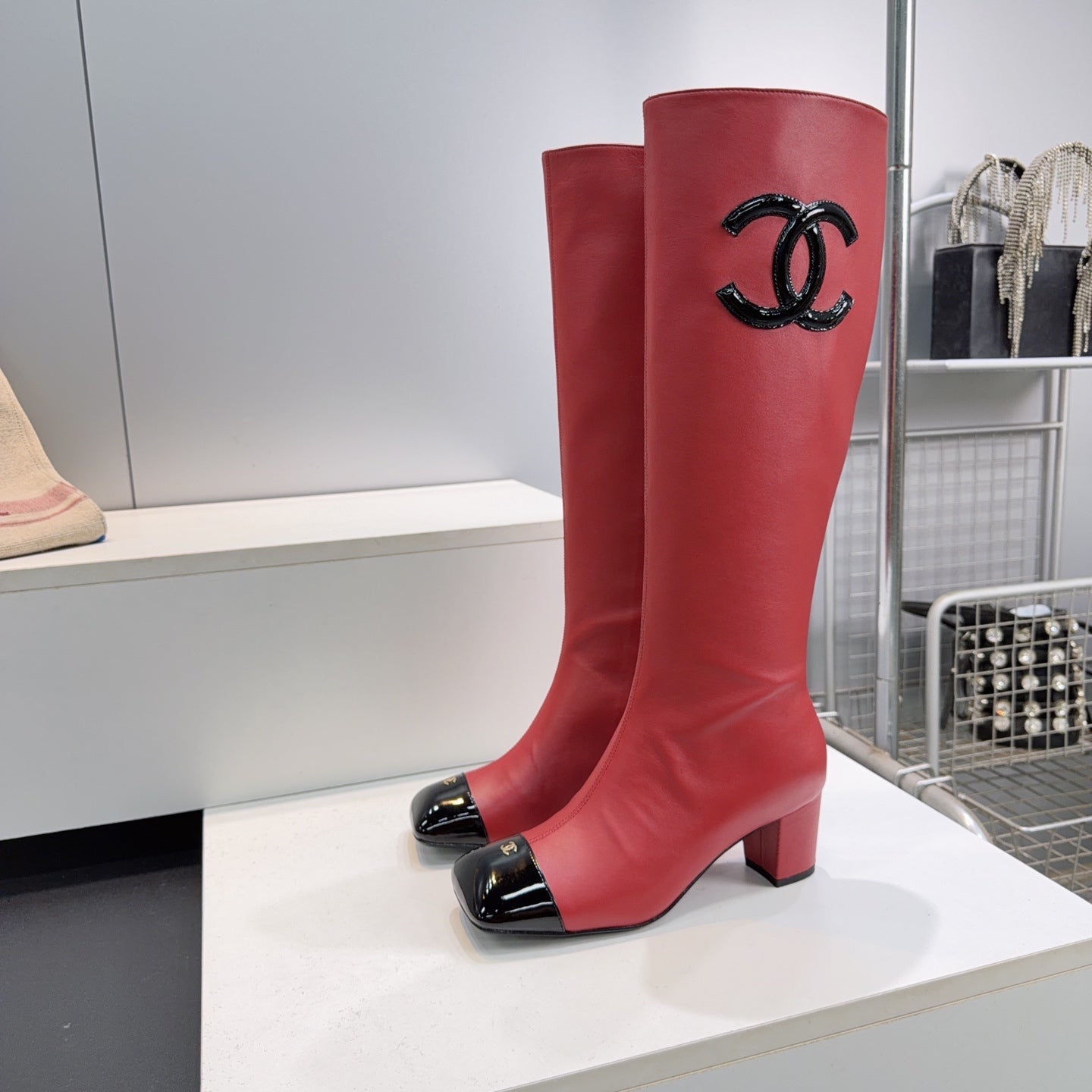 CC 26s Cap-Toe Knee-High Boots 4.5cm Red Stretch Lambskin 966841