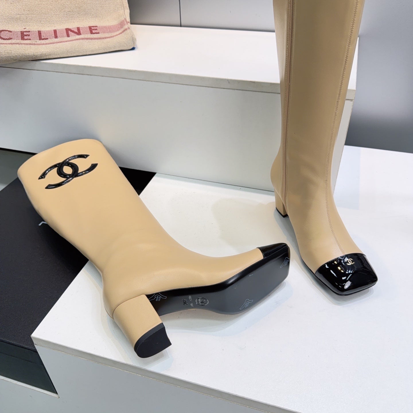 CC 26s Cap-Toe Knee-High Boots 4.5cm White Stretch Lambskin 966843