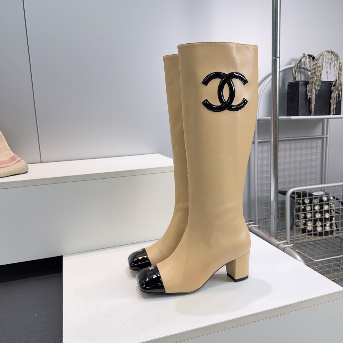 CC 26s Cap-Toe Knee-High Boots 4.5cm White Stretch Lambskin 966843