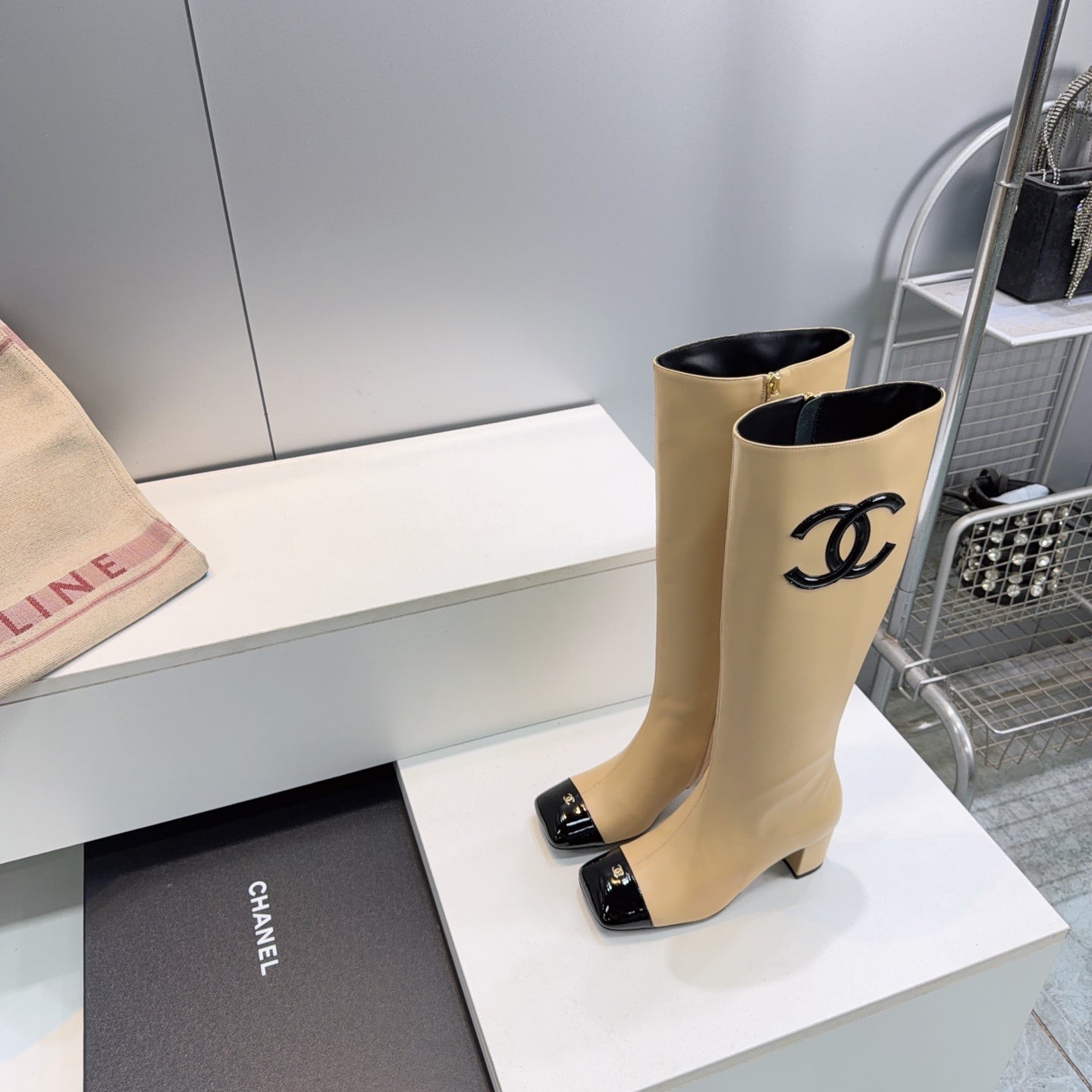 CC 26s Cap-Toe Knee-High Boots 4.5cm White Stretch Lambskin 966843