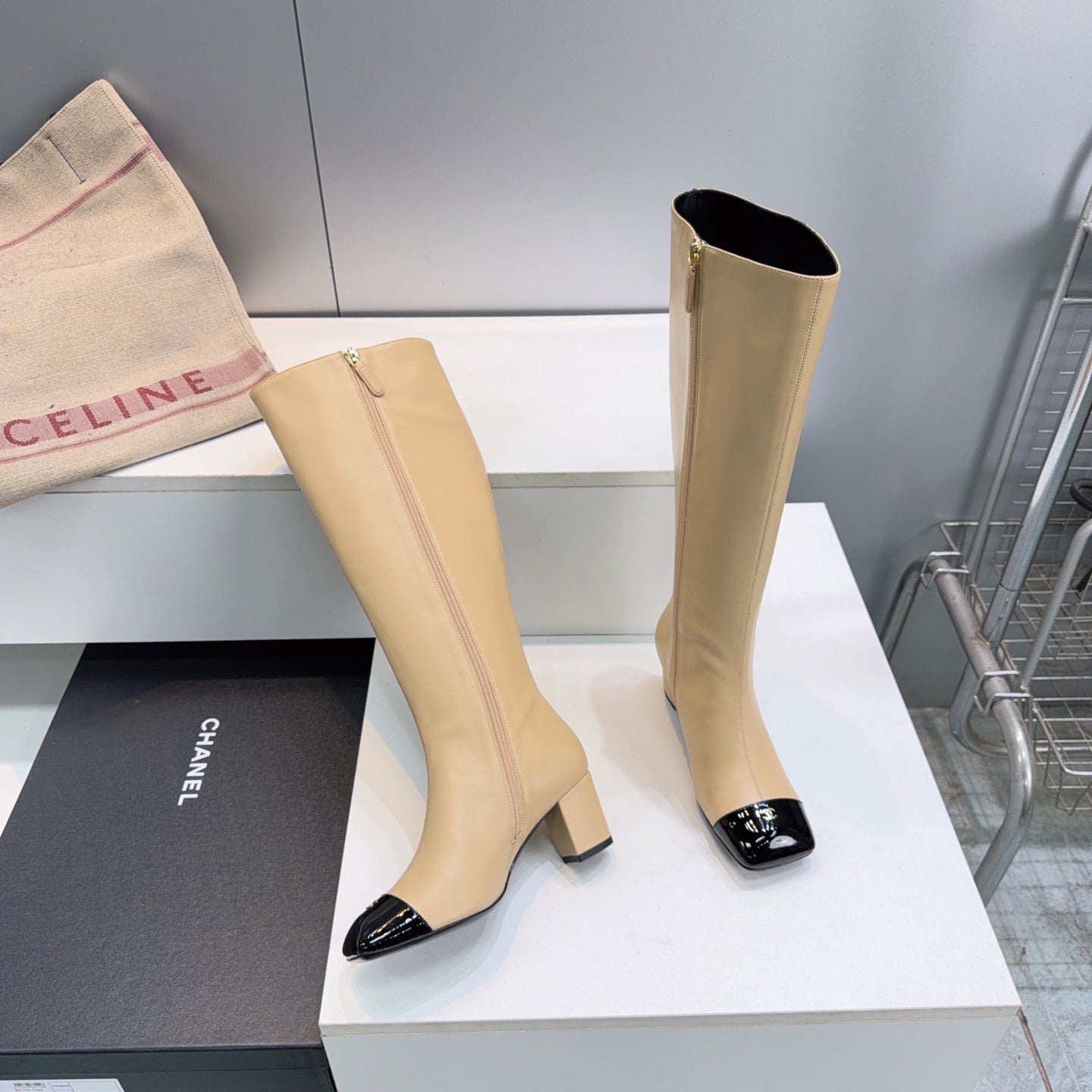 CC 26s Cap-Toe Knee-High Boots 4.5cm White Stretch Lambskin 966843