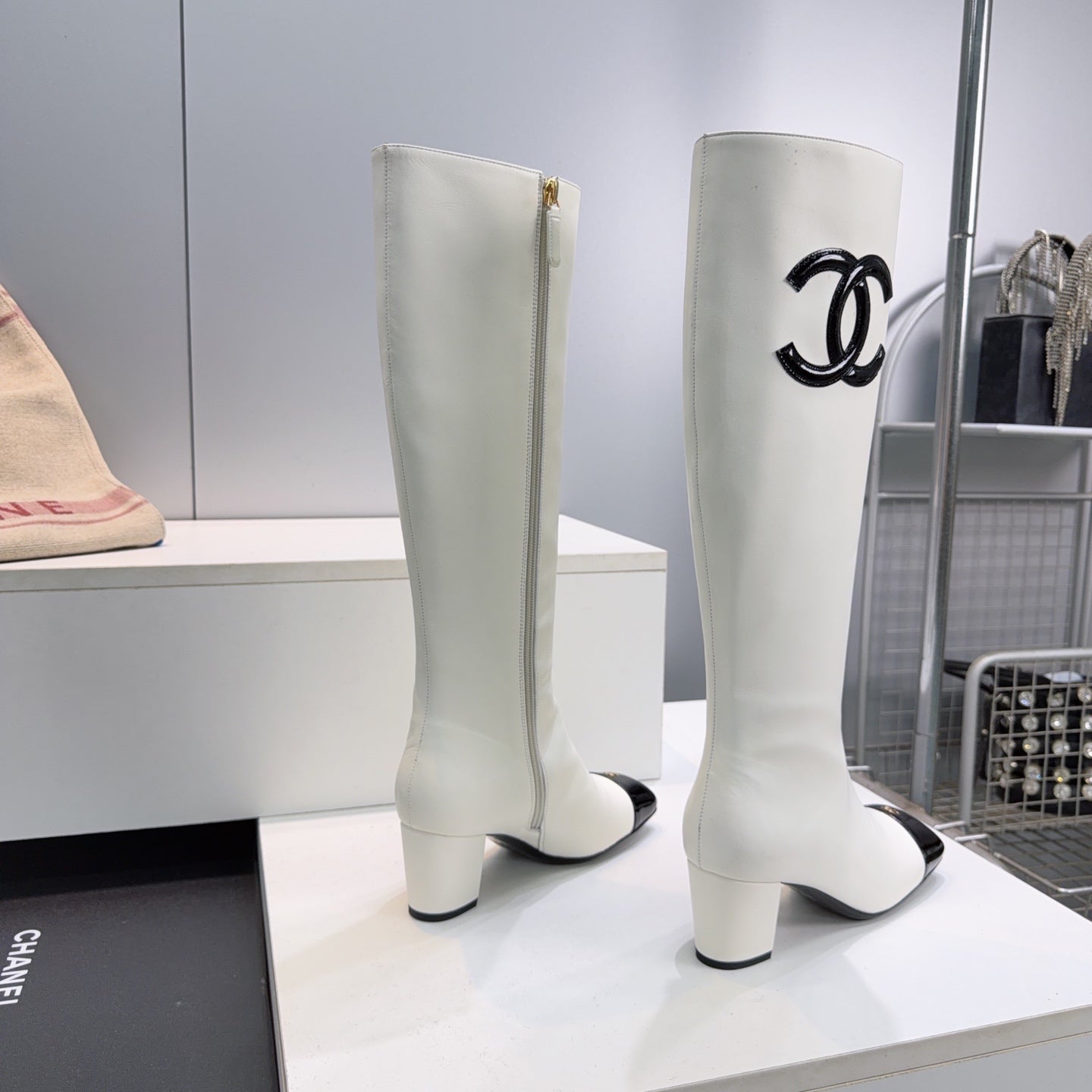 CC 26s Cap-Toe Knee-High Boots 4.5cm White Stretch Lambskin 966843
