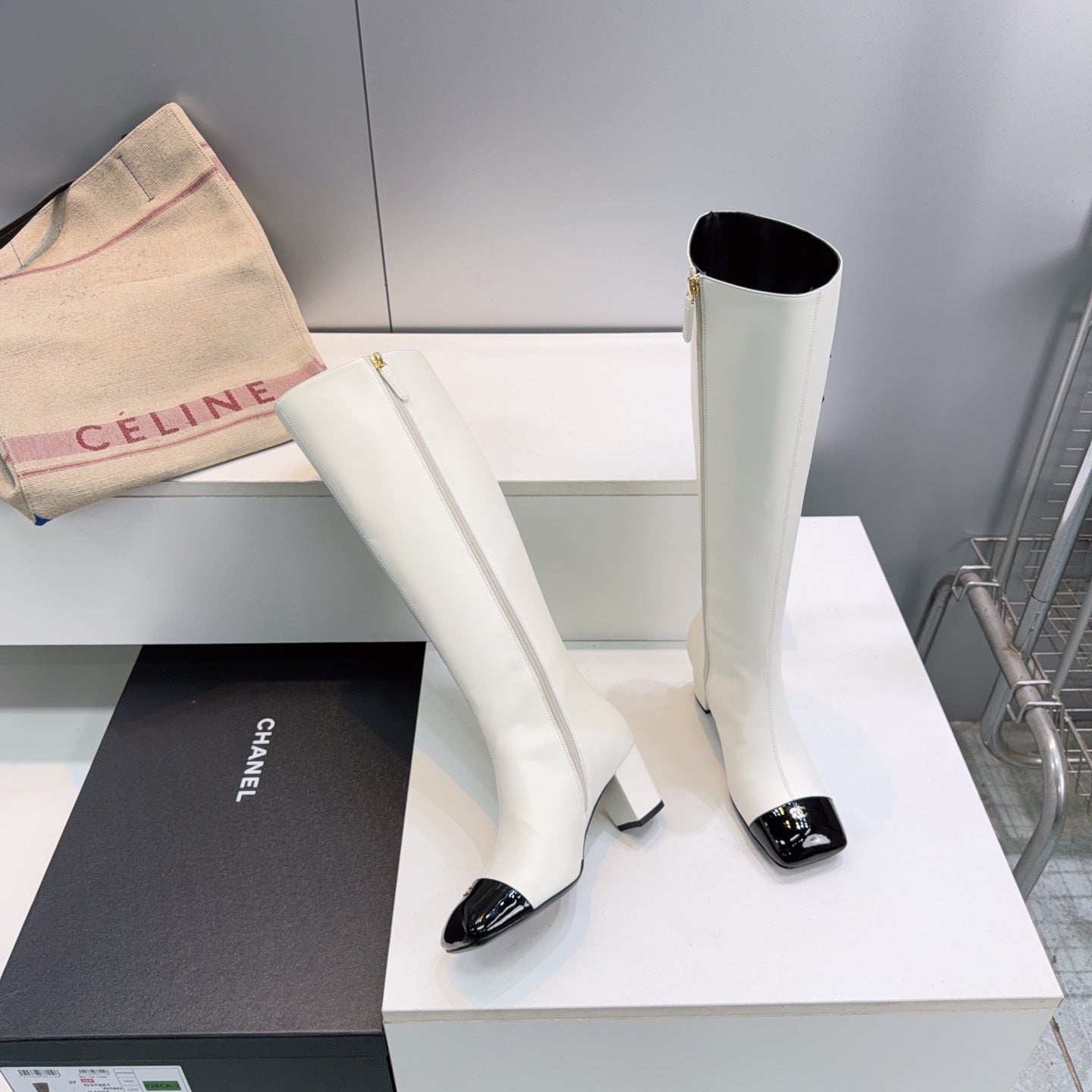 CC 26s Cap-Toe Knee-High Boots 4.5cm White Stretch Lambskin 966843