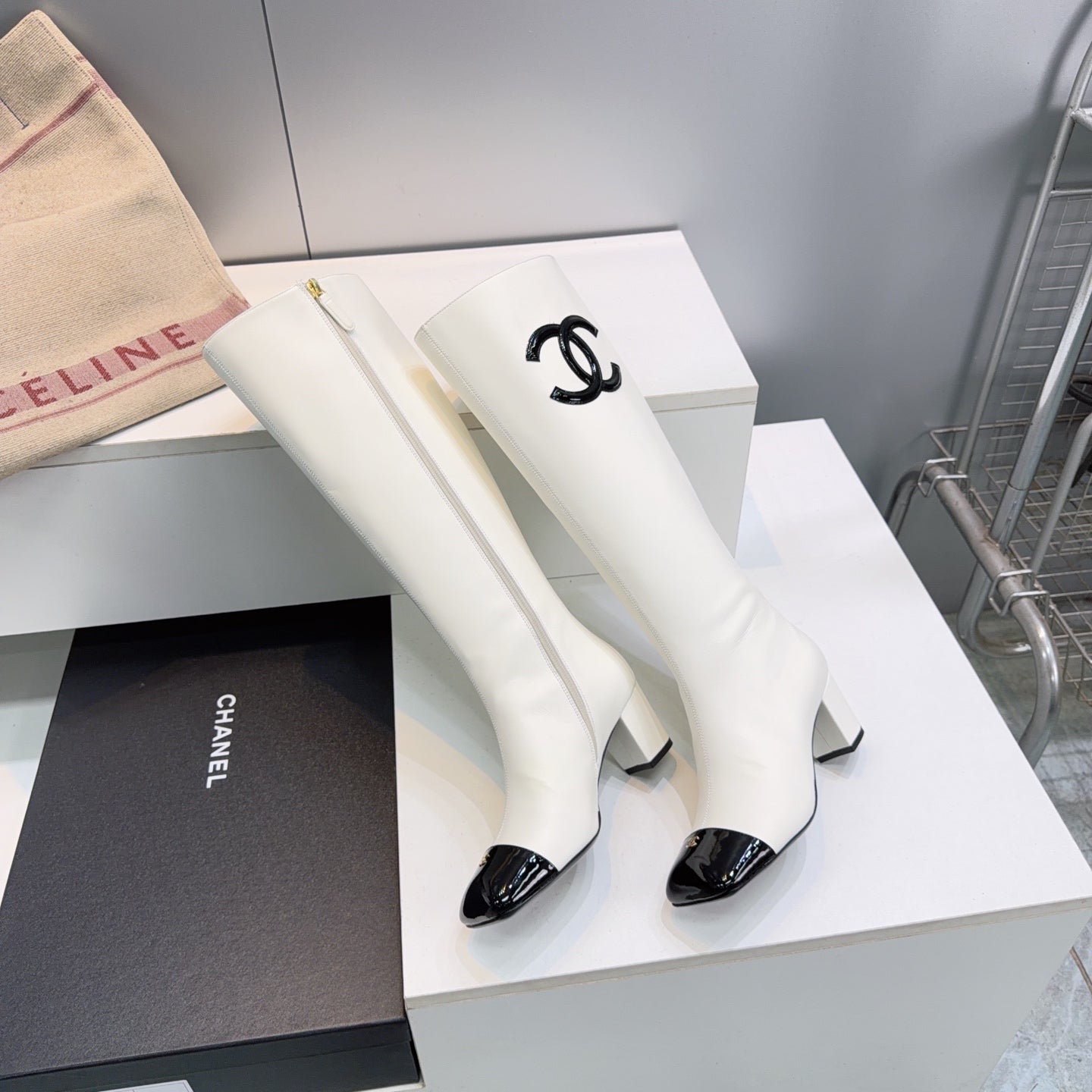 CC 26s Cap-Toe Knee-High Boots 4.5cm White Stretch Lambskin 966843