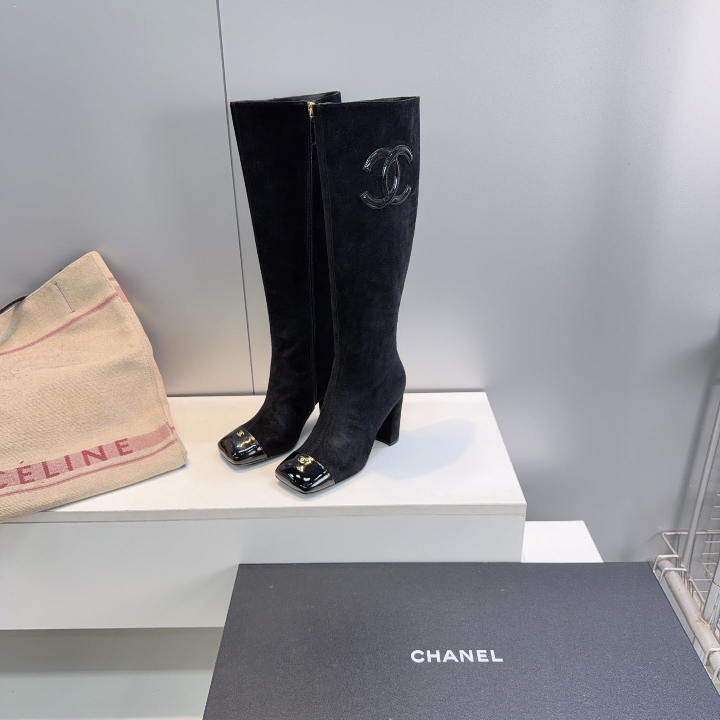 CC 26s Cap-Toe Knee-High Boots 8.5cm Black Stretch Suede 966844