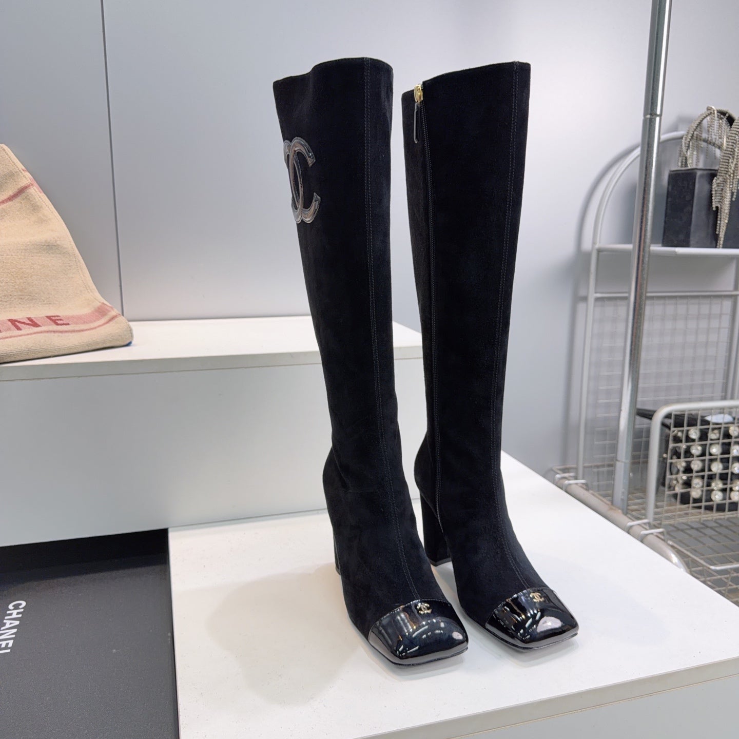 CC 26s Cap-Toe Knee-High Boots 8.5cm Black Stretch Suede 966844