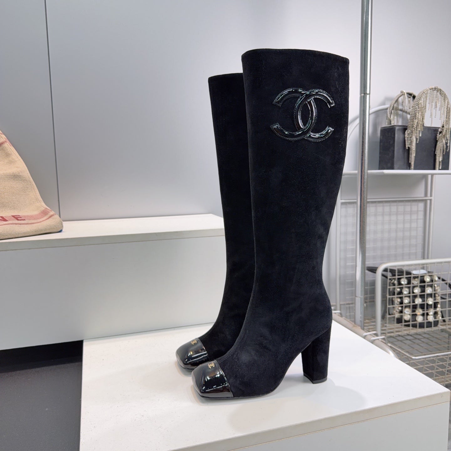 CC 26s Cap-Toe Knee-High Boots 8.5cm Black Stretch Suede 966844